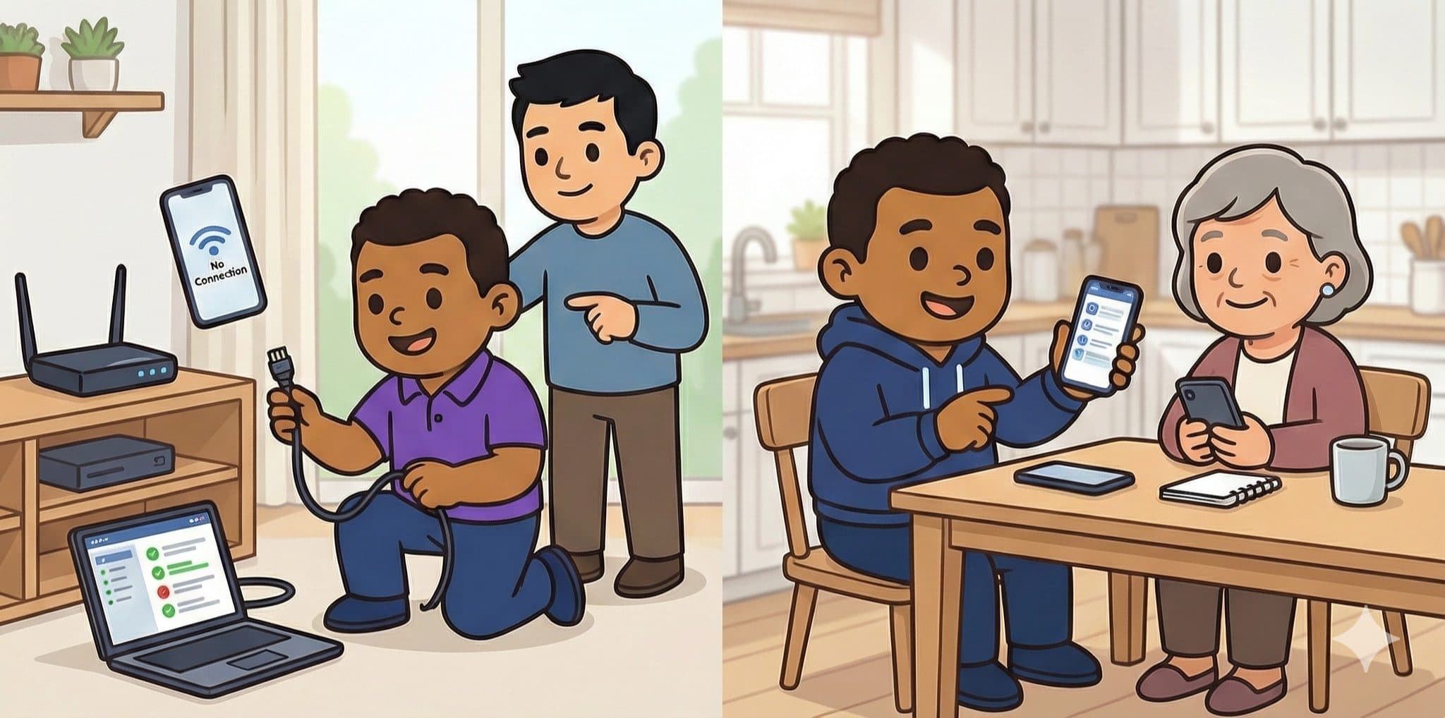 Cartoon of Dru fixing a customer's Wi-Fi and helping an older adult learn her phone